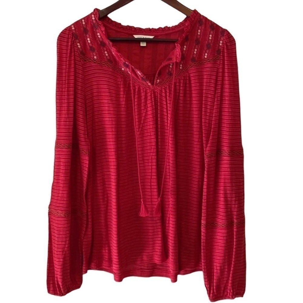 Lucky BRAND Red Sheer Blouse w/ Tassel Women SP Small Petite